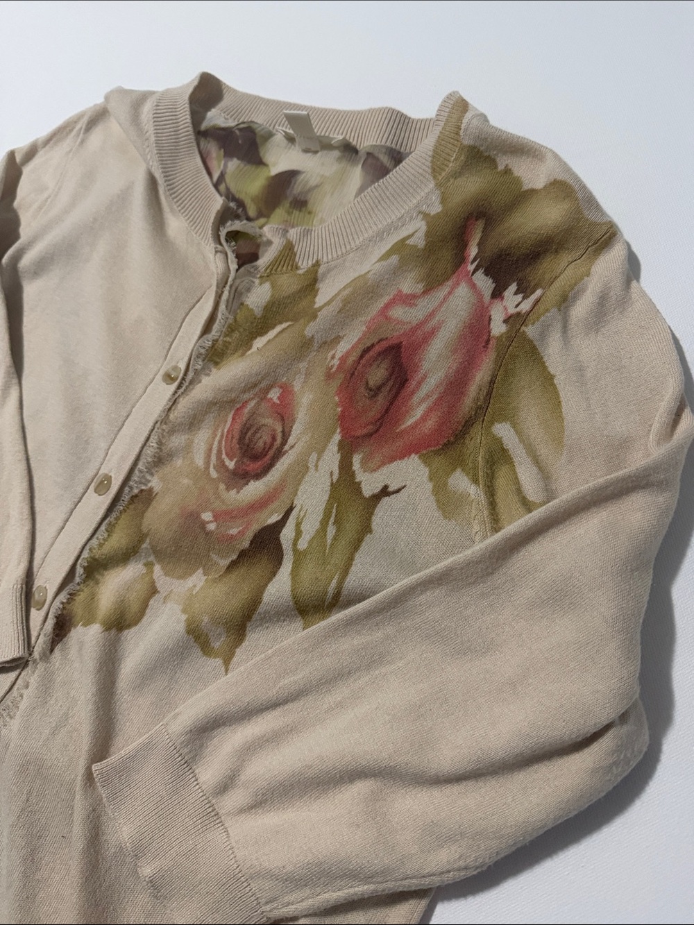 Coldwater Creek Women’s Beige Cardigan with Rose Floral Accent - L